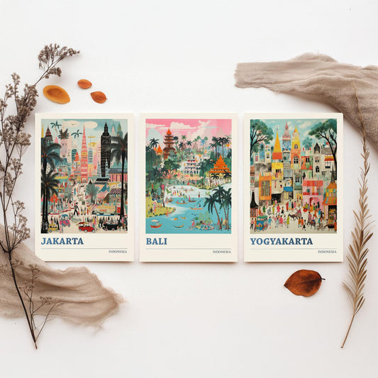 Indonesia Set of Three Travel Posters - Jakarta, Bali, Yogyakarta - Vibrant Art Print Painting Gift Indonesian Wall Art Cityscape
