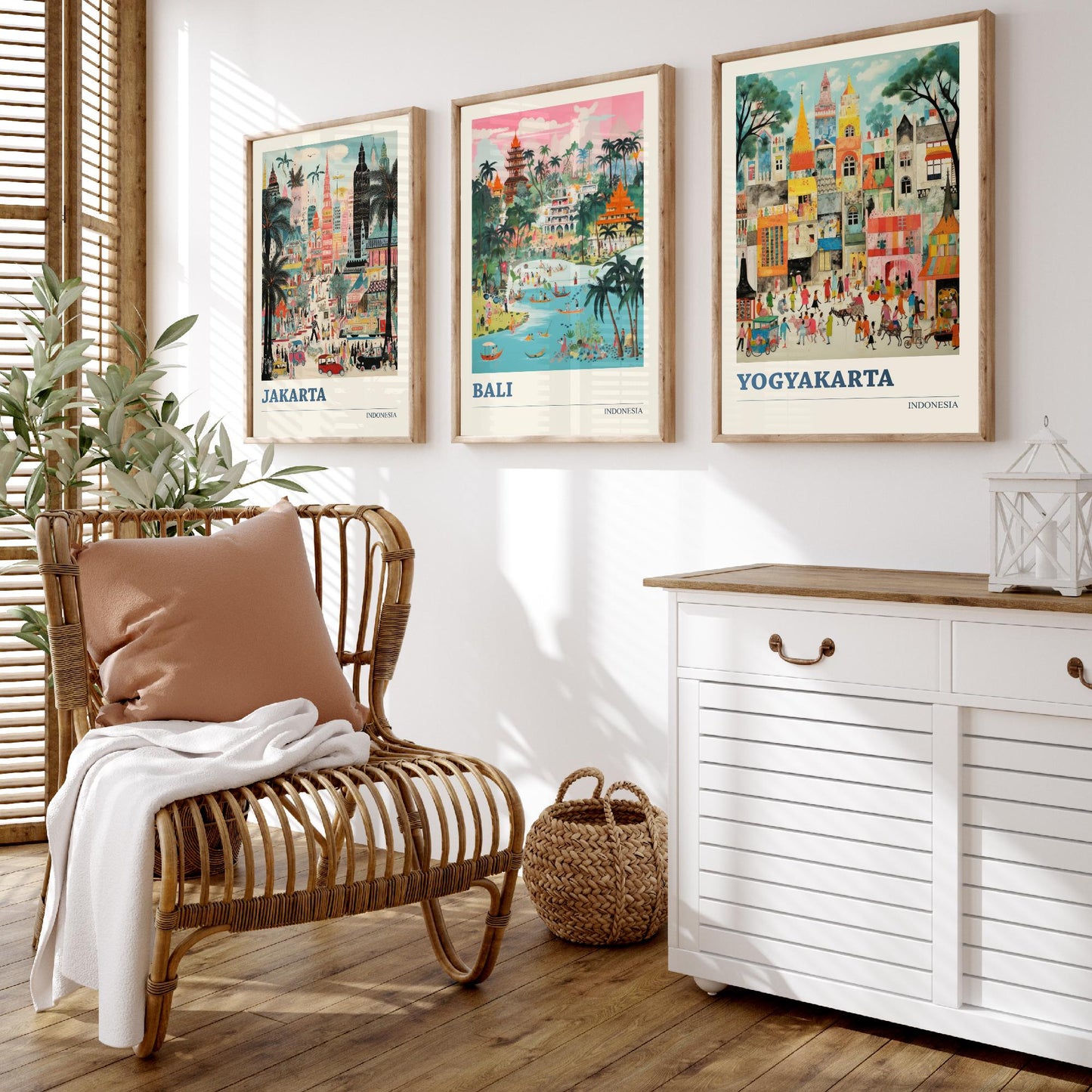 Indonesia Set of Three Travel Posters - Jakarta, Bali, Yogyakarta - Vibrant Art Print Painting Gift Indonesian Wall Art Cityscape