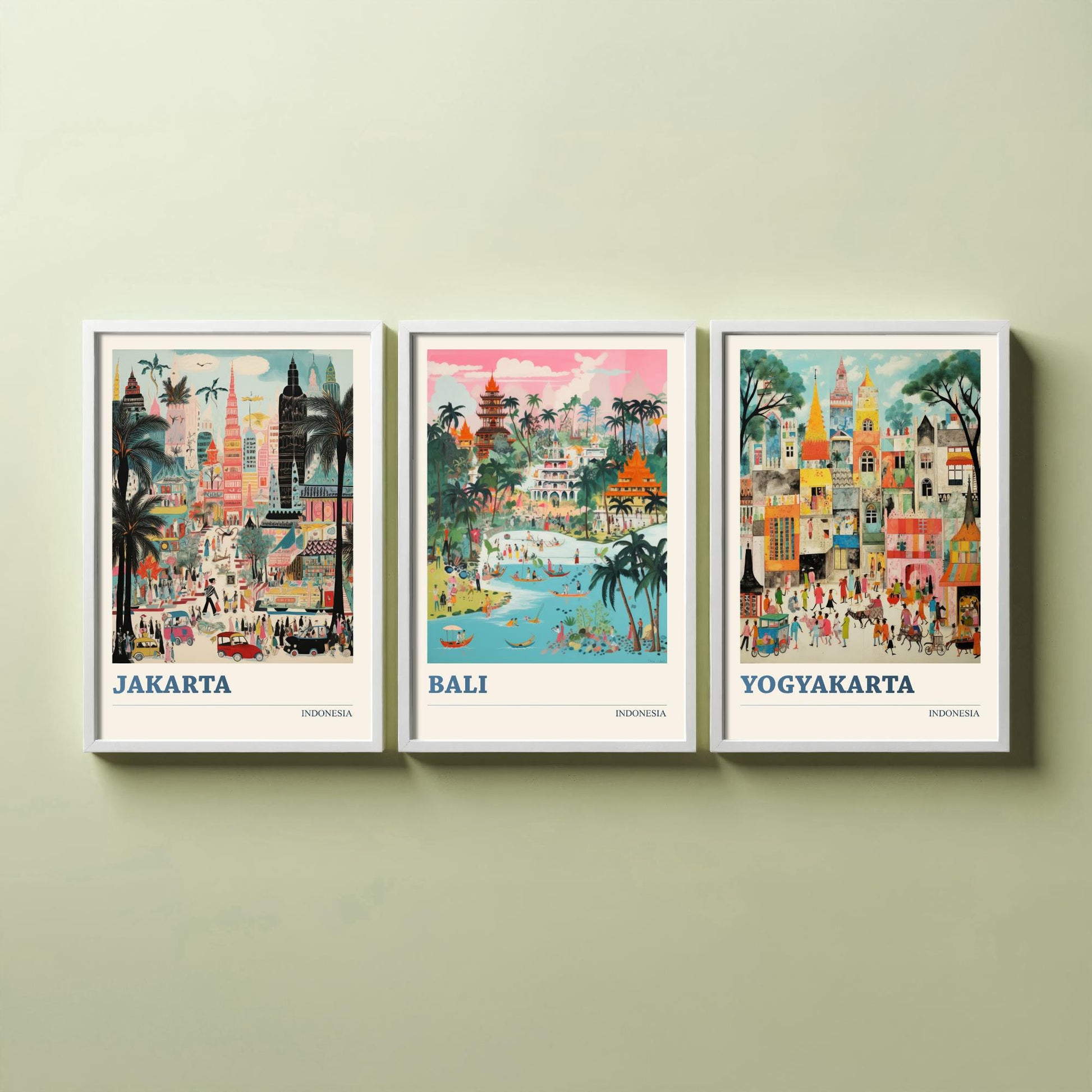 Indonesia Set of Three Travel Posters - Jakarta, Bali, Yogyakarta - Vibrant Art Print Painting Gift Indonesian Wall Art Cityscape