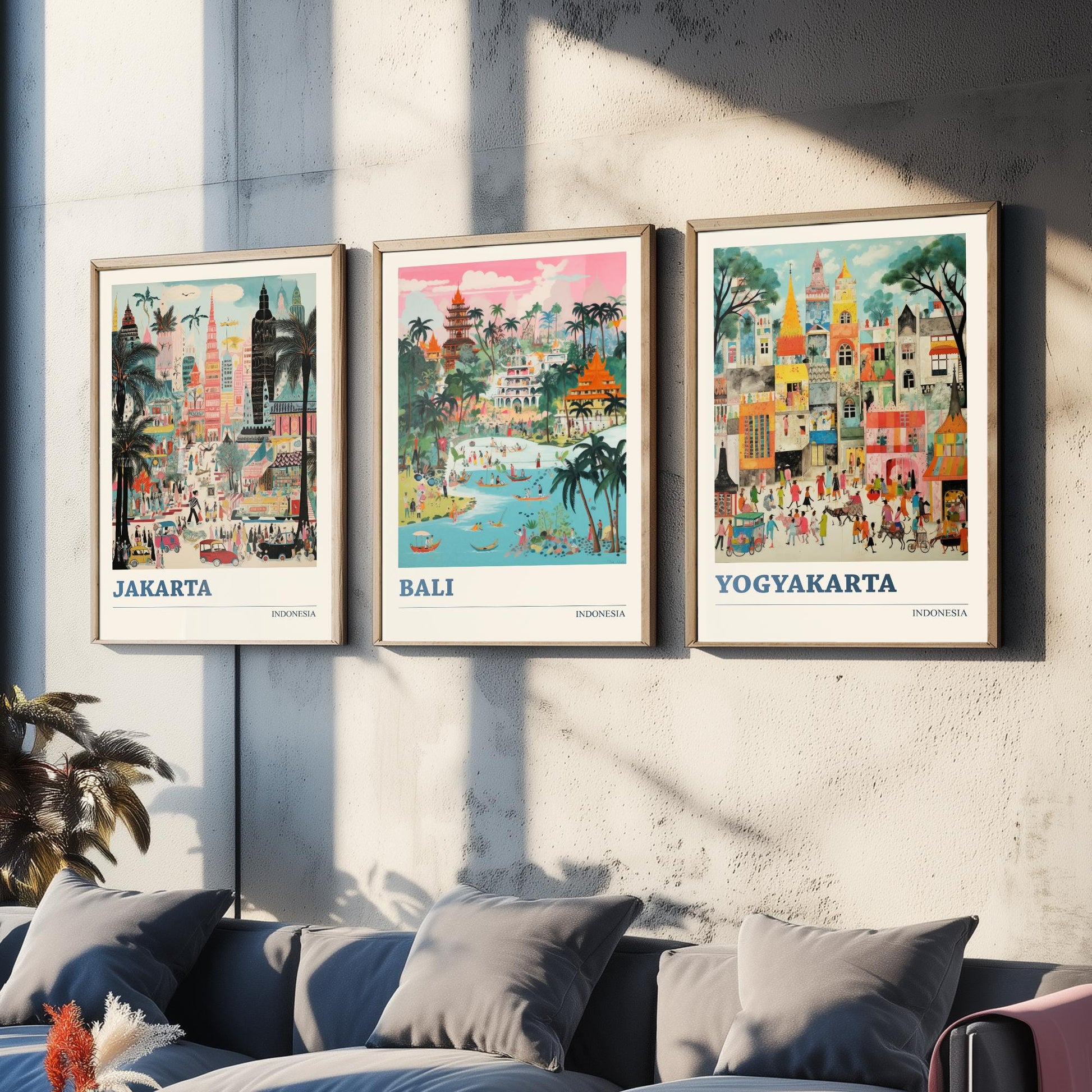 Indonesia Set of Three Travel Posters - Jakarta, Bali, Yogyakarta - Vibrant Art Print Painting Gift Indonesian Wall Art Cityscape