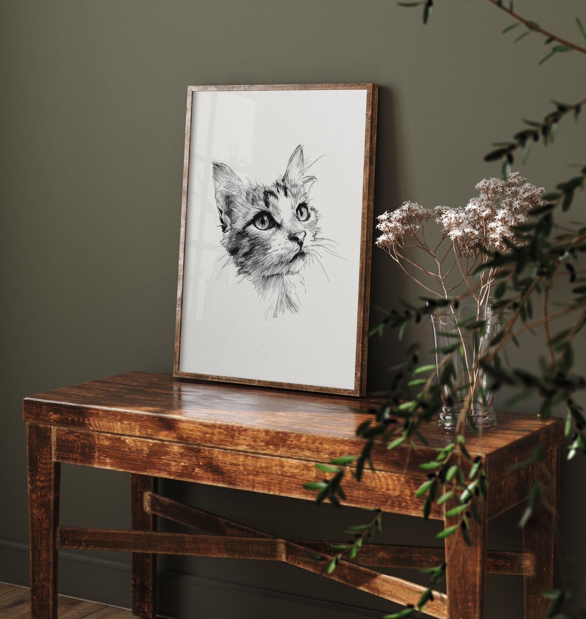 Cat Ink Drawing Art Print - Pen Sketch Animal Poster - Fine Line Illustration - Cat Portrait 1/3