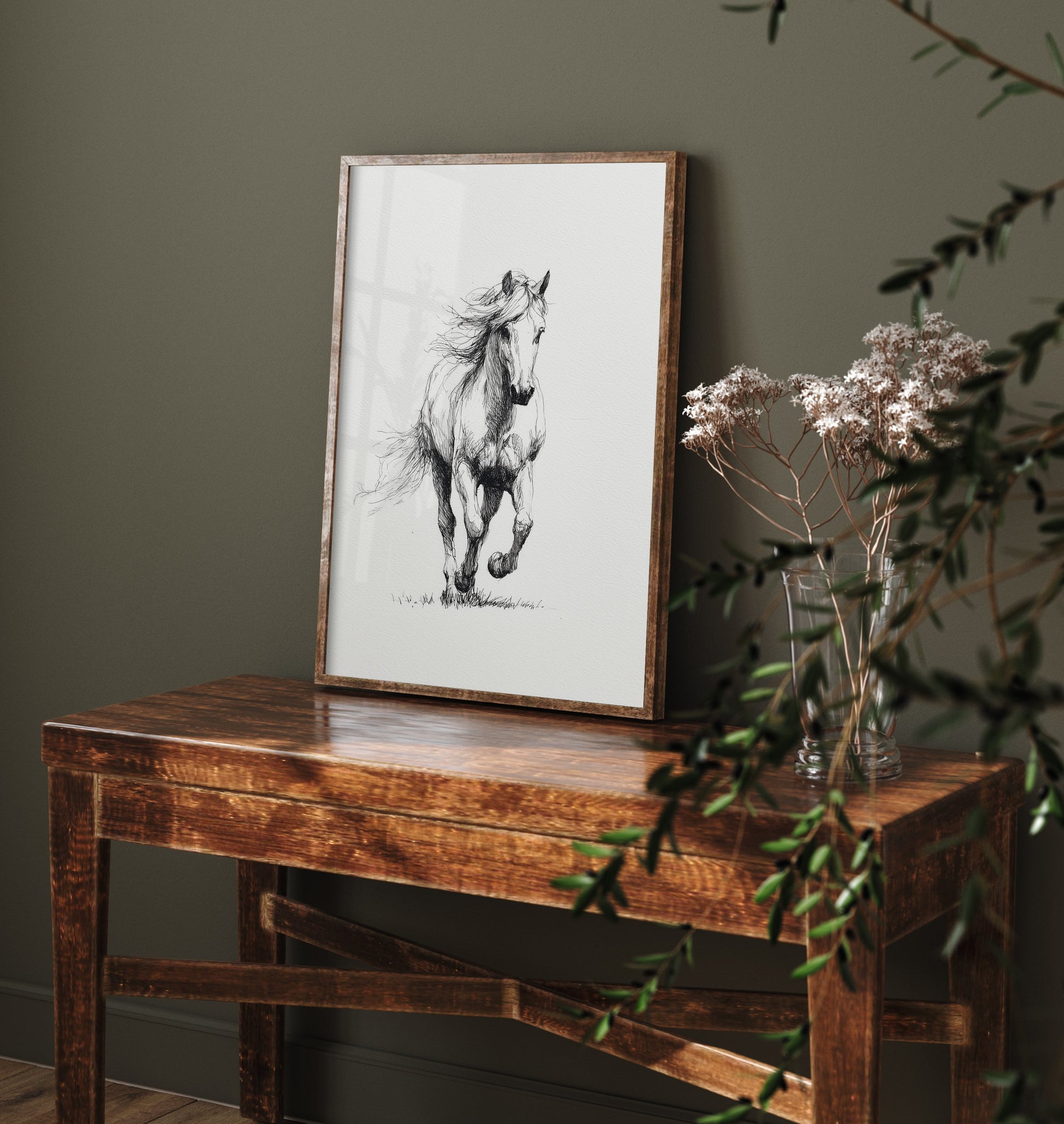Horse Ink Drawing Art Print - Pen Sketch Animal Poster - Galloping Line Illustration - Horse Portrait 2/3