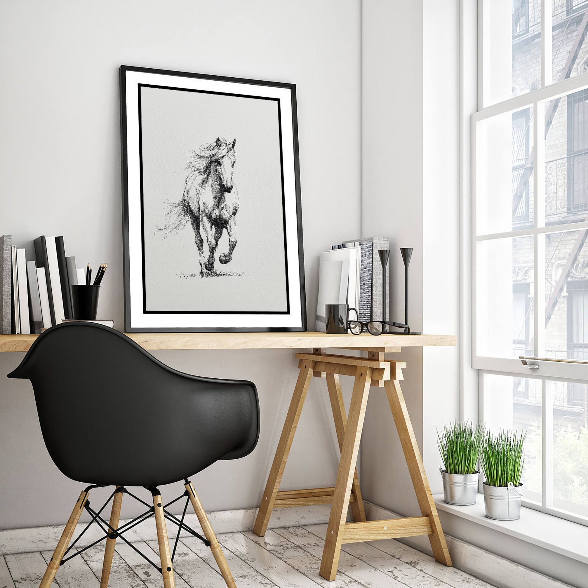 Horse Ink Drawing Art Print - Pen Sketch Animal Poster - Galloping Line Illustration - Horse Portrait 2/3