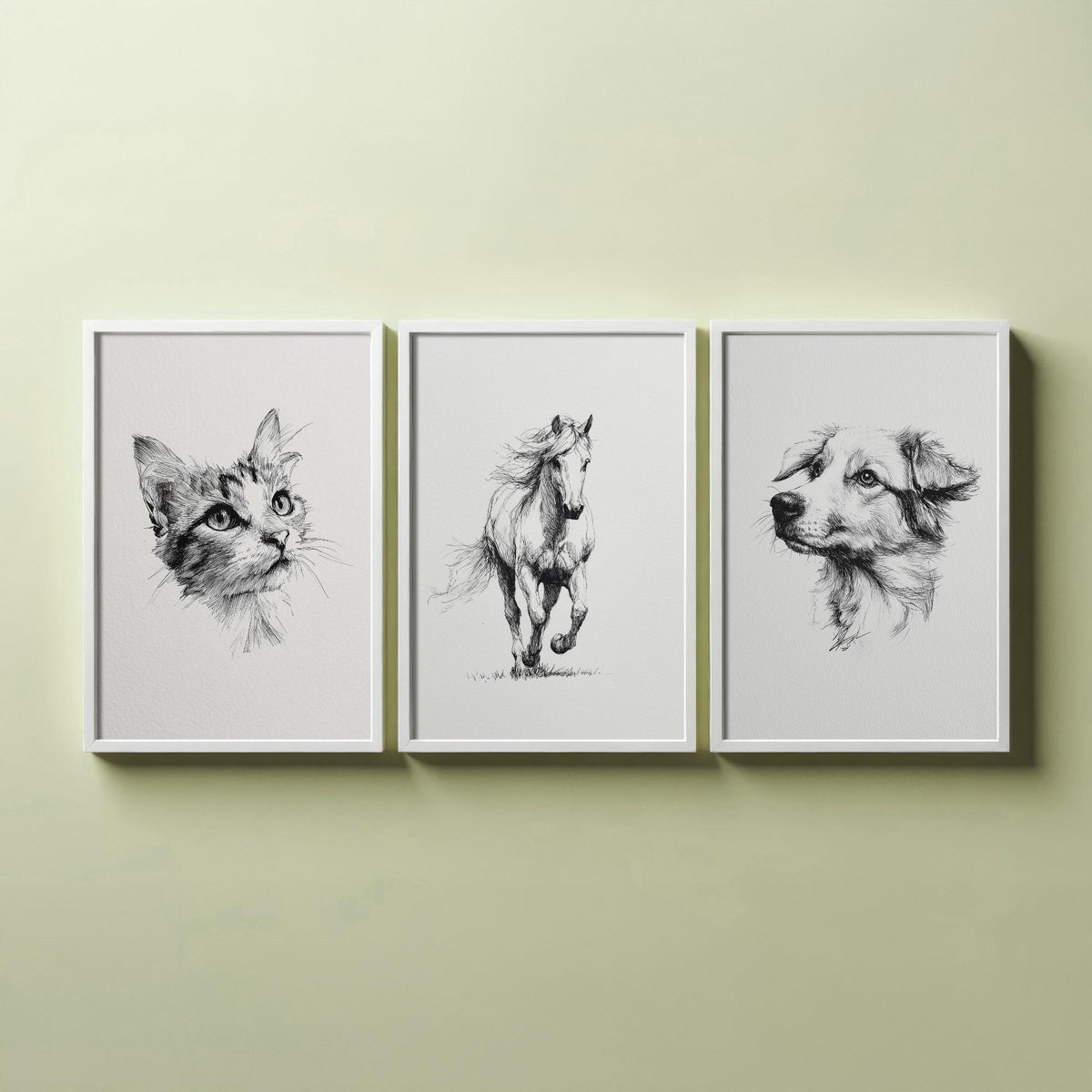 Cat Horse Dog Set of Three Ink Drawing Art Prints - 3 Pen and Ink Animal Sketches - Poster Wall Art Gift Illustration Pet Lover Monochrome