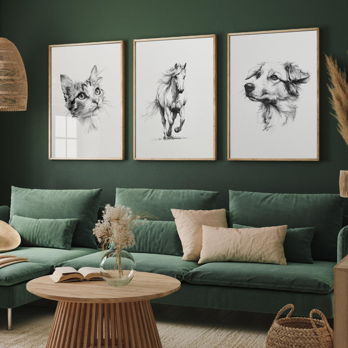 Cat Horse Dog Set of Three Ink Drawing Art Prints - 3 Pen and Ink Animal Sketches - Poster Wall Art Gift Illustration Pet Lover Monochrome