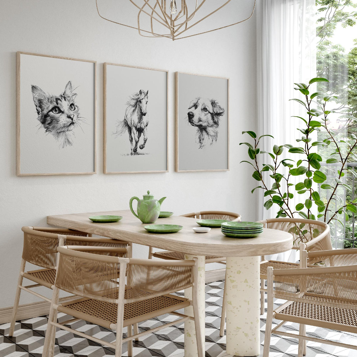 Cat Horse Dog Set of Three Ink Drawing Art Prints - 3 Pen and Ink Animal Sketches - Poster Wall Art Gift Illustration Pet Lover Monochrome