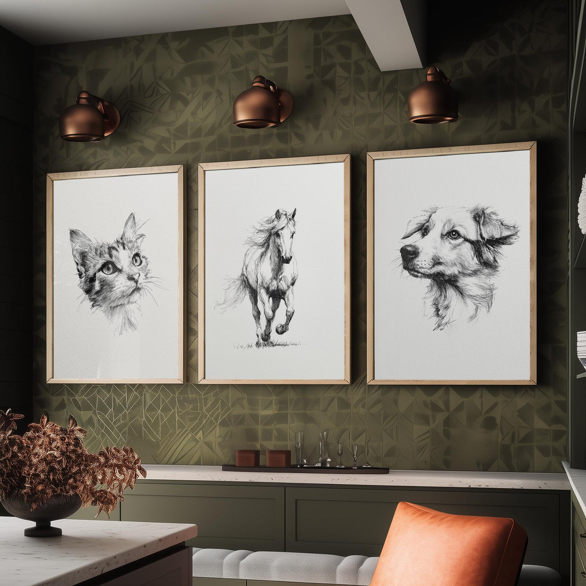 Cat Horse Dog Set of Three Ink Drawing Art Prints - 3 Pen and Ink Animal Sketches - Poster Wall Art Gift Illustration Pet Lover Monochrome