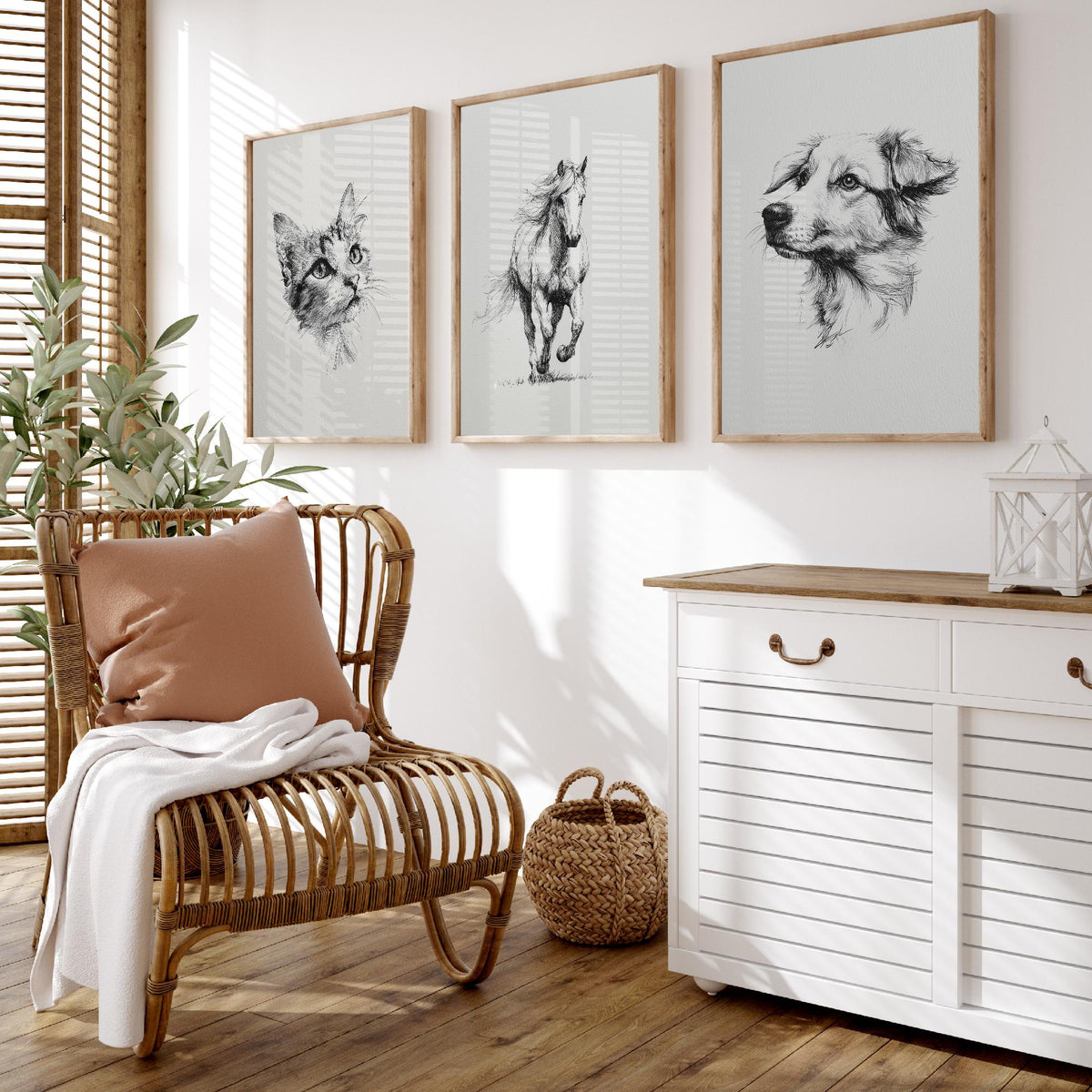 Cat Horse Dog Set of Three Ink Drawing Art Prints - 3 Pen and Ink Animal Sketches - Poster Wall Art Gift Illustration Pet Lover Monochrome