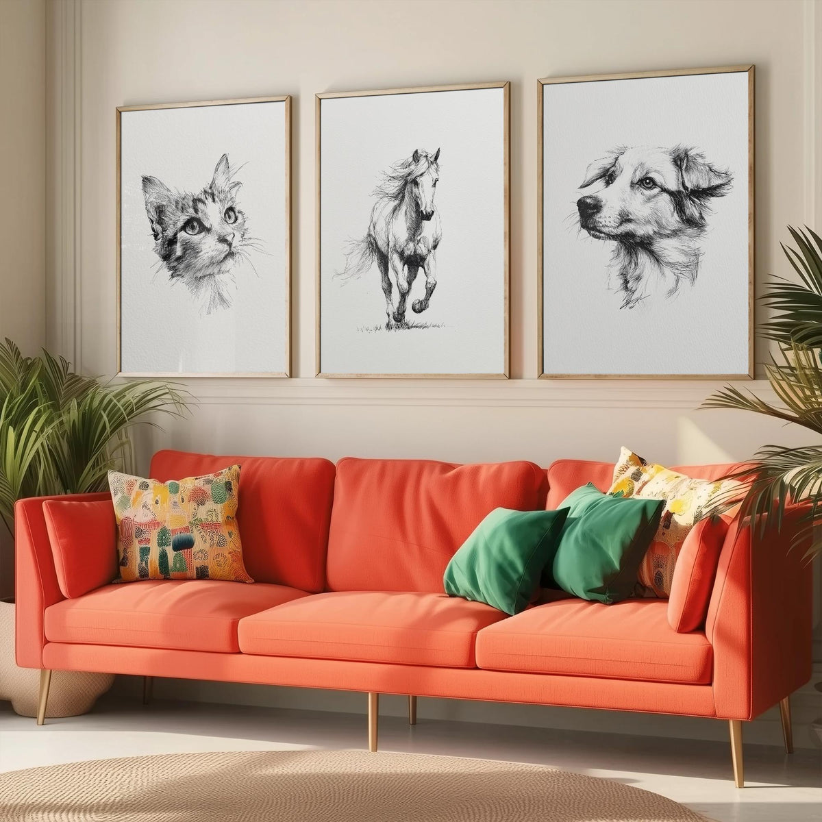Cat Horse Dog Set of Three Ink Drawing Art Prints - 3 Pen and Ink Animal Sketches - Poster Wall Art Gift Illustration Pet Lover Monochrome