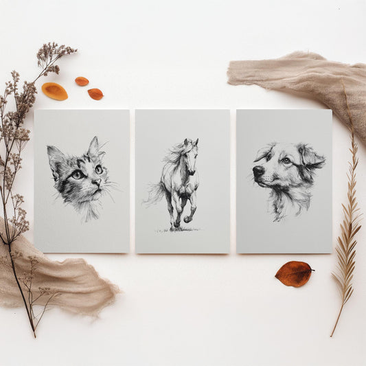 Cat Horse Dog Set of Three Ink Drawing Art Prints - 3 Pen and Ink Animal Sketches - Poster Wall Art Gift Illustration Pet Lover Monochrome