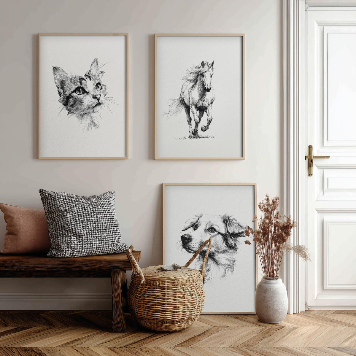 Cat Horse Dog Set of Three Ink Drawing Art Prints - 3 Pen and Ink Animal Sketches - Poster Wall Art Gift Illustration Pet Lover Monochrome