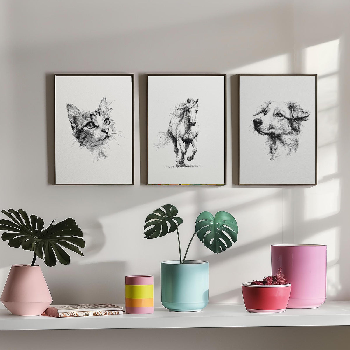 Cat Horse Dog Set of Three Ink Drawing Art Prints - 3 Pen and Ink Animal Sketches - Poster Wall Art Gift Illustration Pet Lover Monochrome
