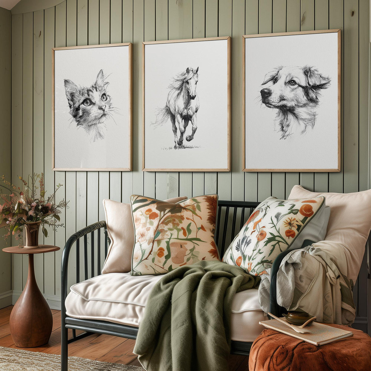 Cat Horse Dog Set of Three Ink Drawing Art Prints - 3 Pen and Ink Animal Sketches - Poster Wall Art Gift Illustration Pet Lover Monochrome