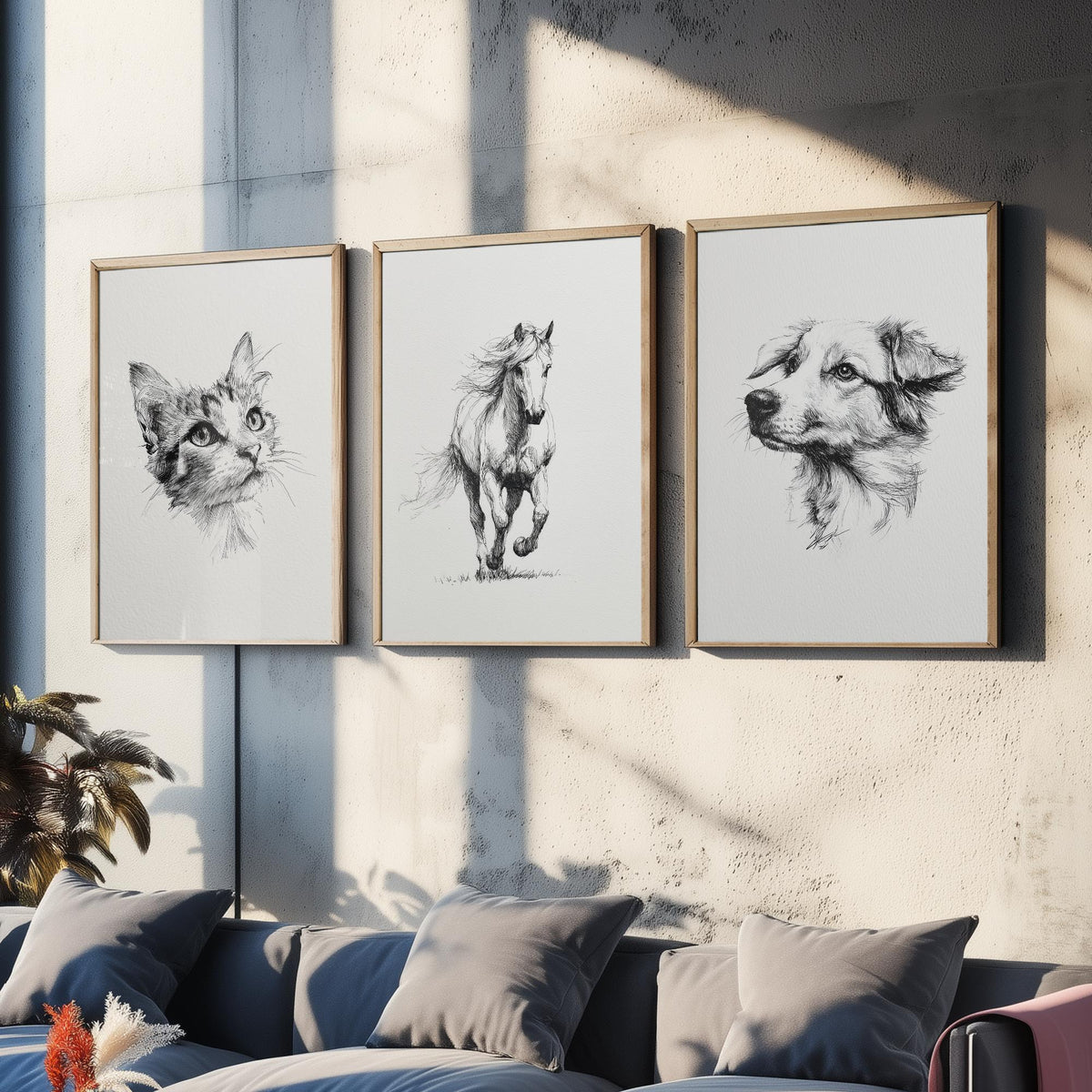 Cat Horse Dog Set of Three Ink Drawing Art Prints - 3 Pen and Ink Animal Sketches - Poster Wall Art Gift Illustration Pet Lover Monochrome