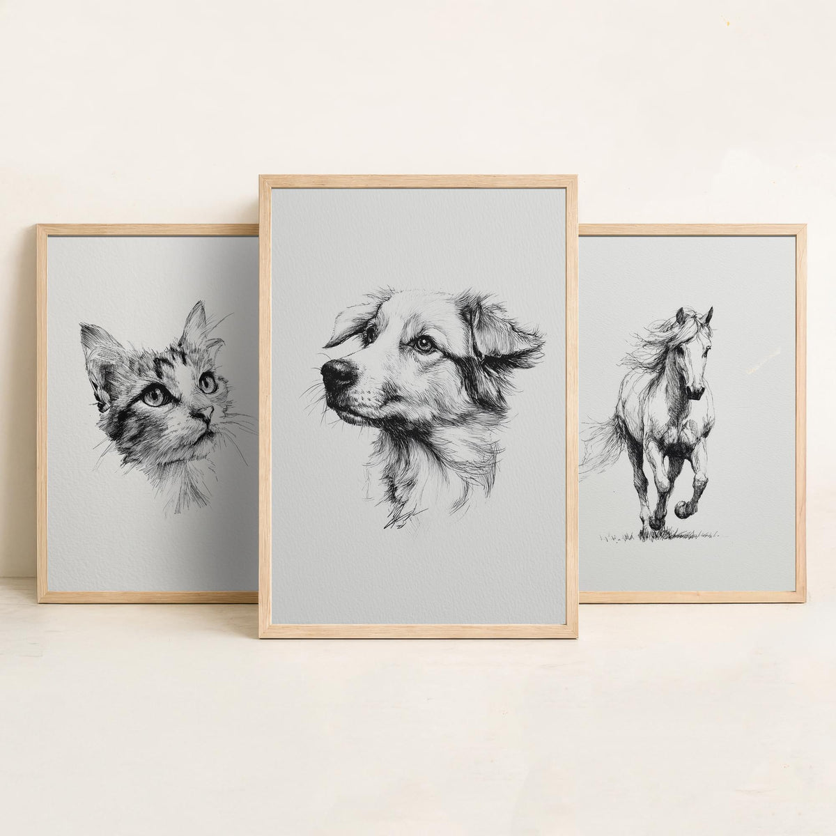 Cat Horse Dog Set of Three Ink Drawing Art Prints - 3 Pen and Ink Animal Sketches - Poster Wall Art Gift Illustration Pet Lover Monochrome