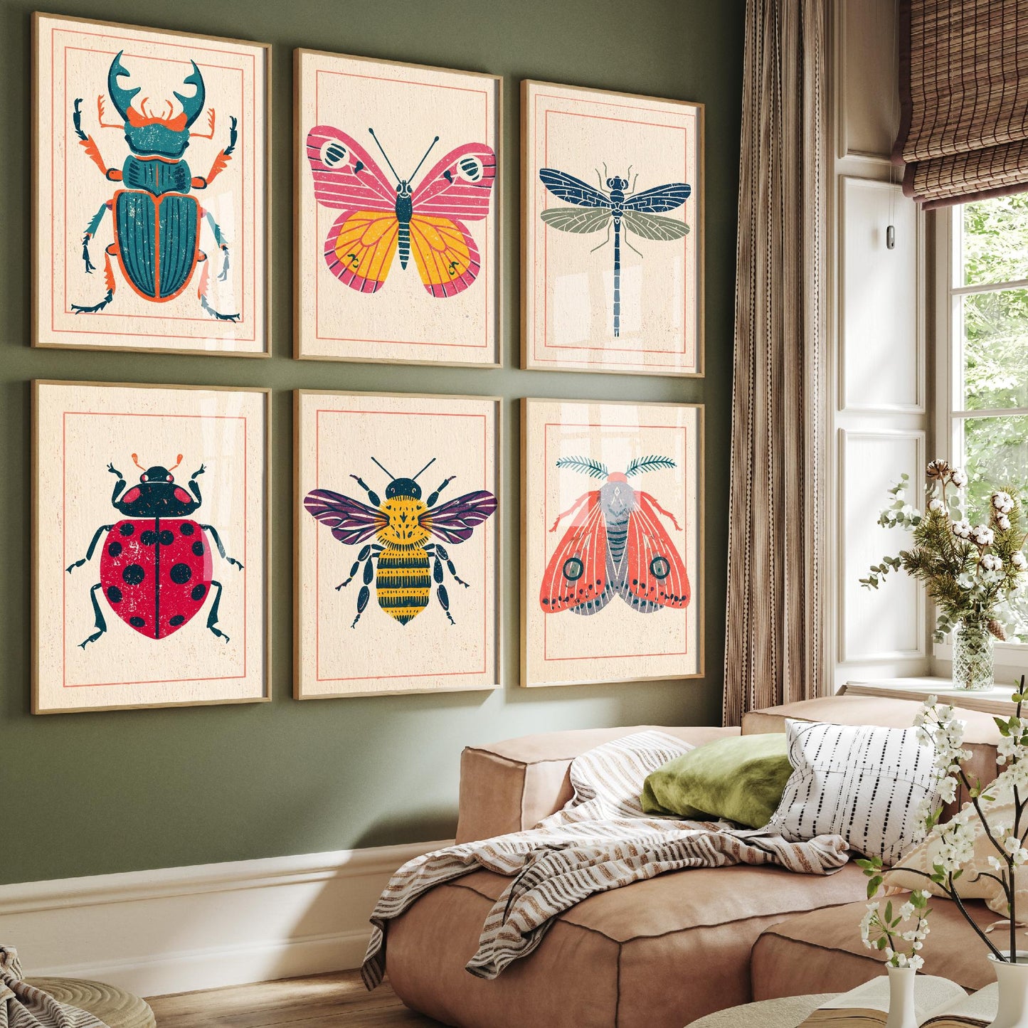 Set of Six Insect Linocut Art Prints - 6 Folk Illustrations - Stag Beetle, Butterfly, Dragonfly, Ladybird, Bee, Moth - Colourful Poster