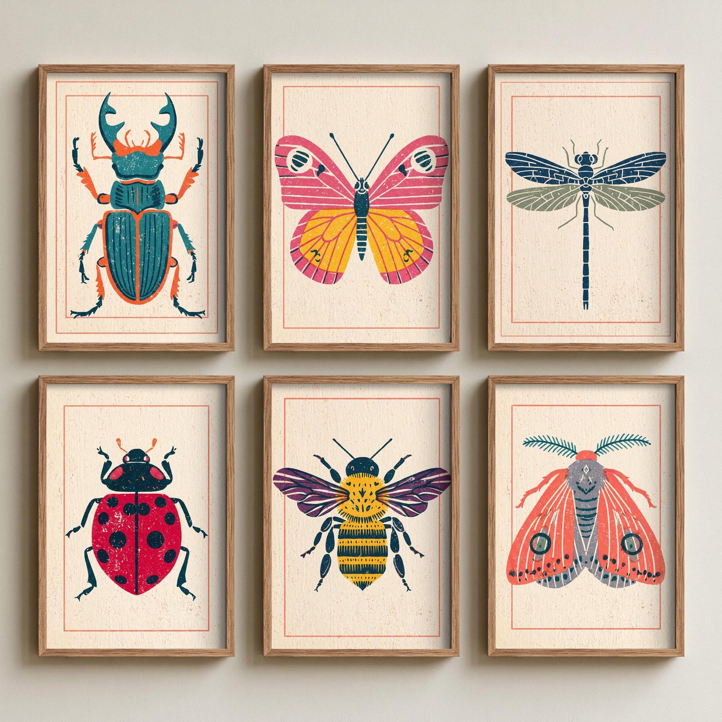 Set of Six Insect Linocut Art Prints - 6 Folk Illustrations - Stag Beetle, Butterfly, Dragonfly, Ladybird, Bee, Moth - Colourful Poster