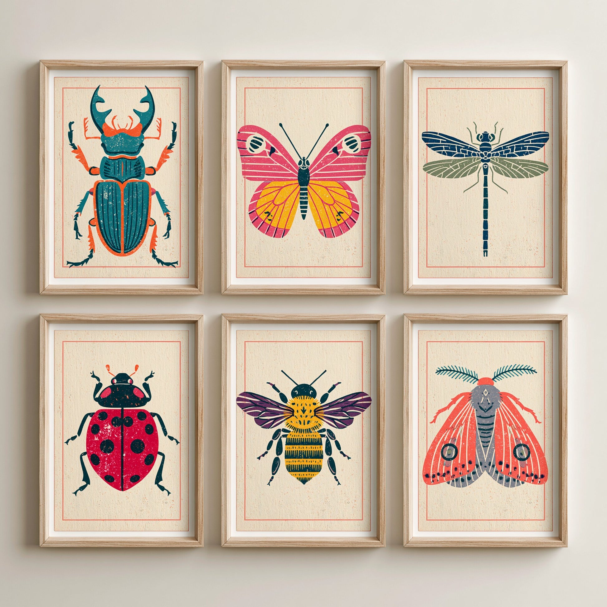 Set of Six Insect Linocut Art Prints - 6 Folk Illustrations - Stag Beetle, Butterfly, Dragonfly, Ladybird, Bee, Moth - Colourful Poster