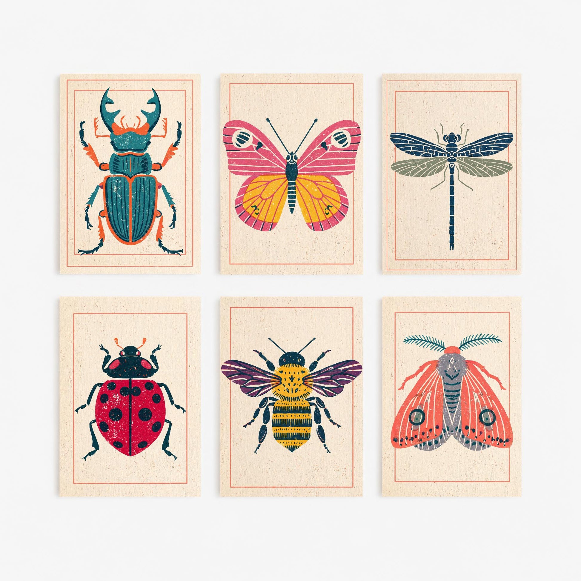 Set of Six Insect Linocut Art Prints - 6 Folk Illustrations - Stag Beetle, Butterfly, Dragonfly, Ladybird, Bee, Moth - Colourful Poster