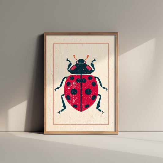 Ladybird Art Print - Vintage Linocut Style Illustration - Red Folk Insect Poster 1/3