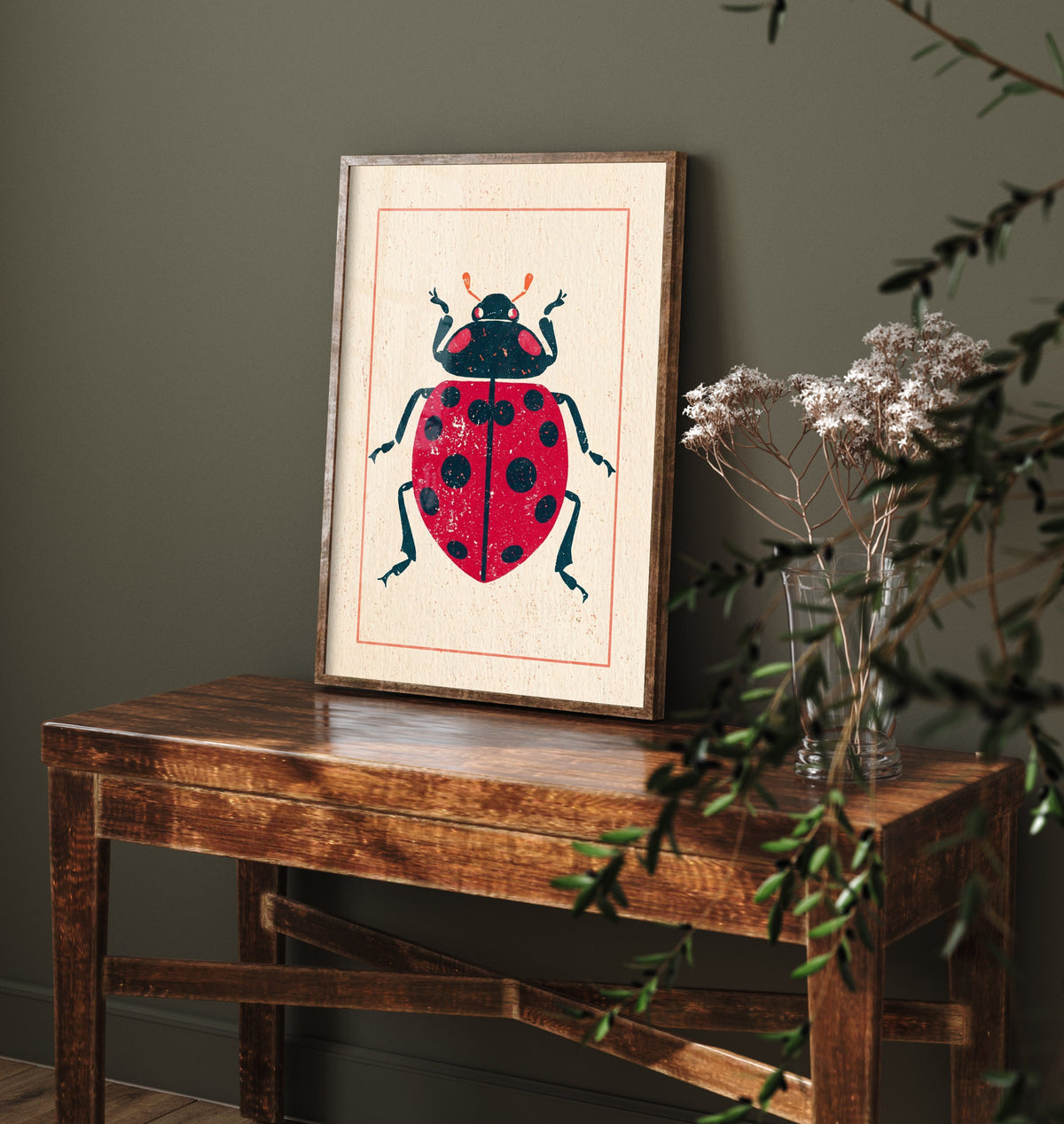 Ladybird Art Print - Vintage Linocut Style Illustration - Red Folk Insect Poster 1/3