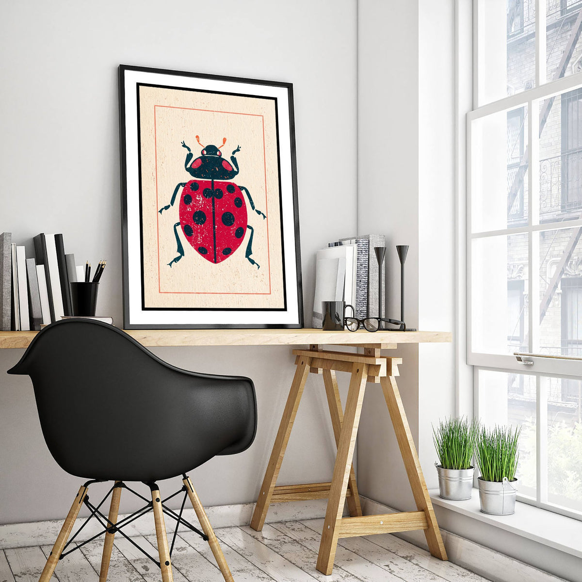 Ladybird Art Print - Vintage Linocut Style Illustration - Red Folk Insect Poster 1/3
