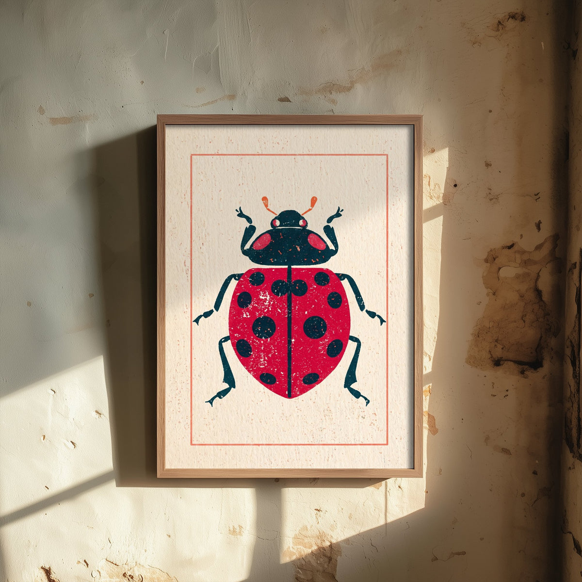 Ladybird Art Print - Vintage Linocut Style Illustration - Red Folk Insect Poster 1/3
