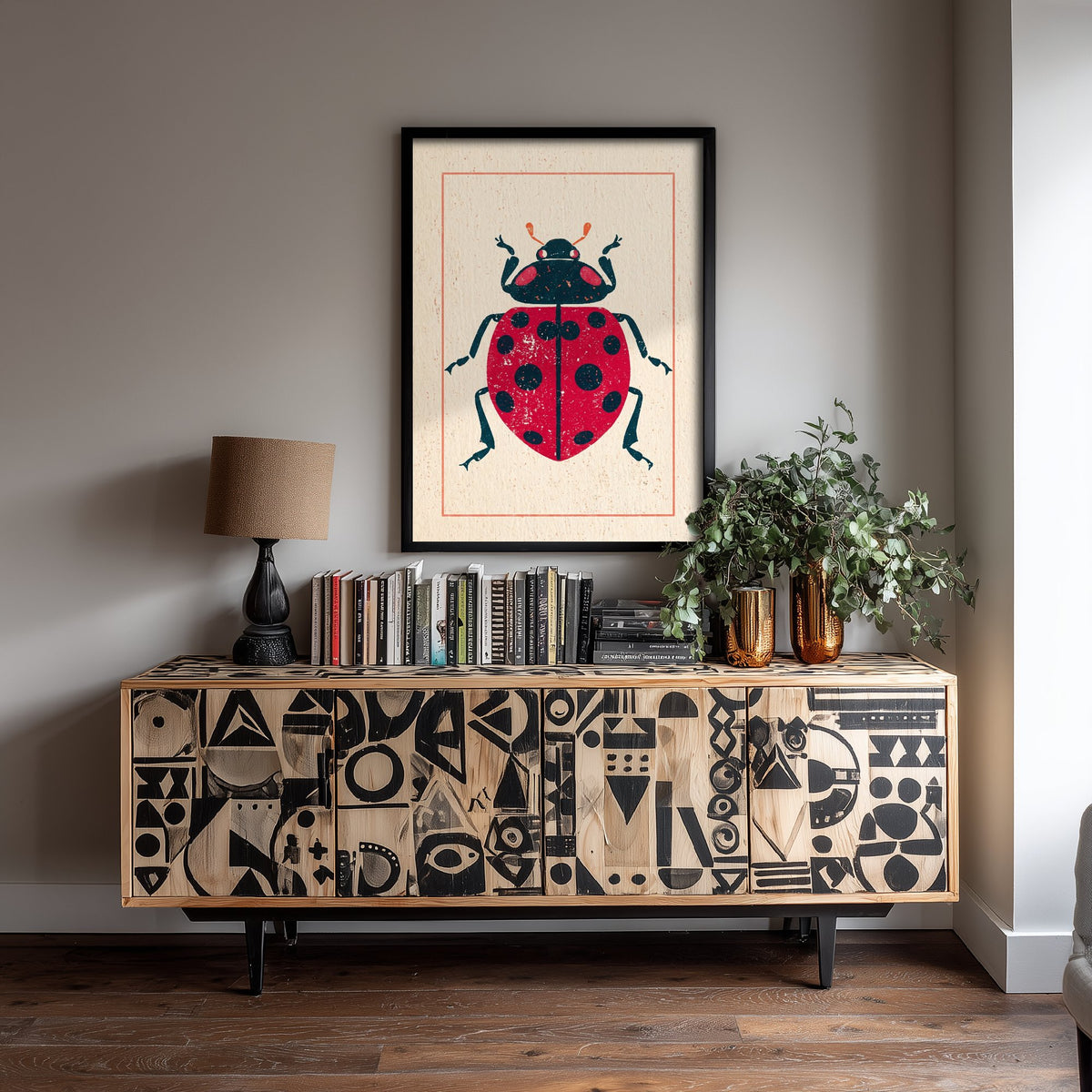 Ladybird Art Print - Vintage Linocut Style Illustration - Red Folk Insect Poster 1/3