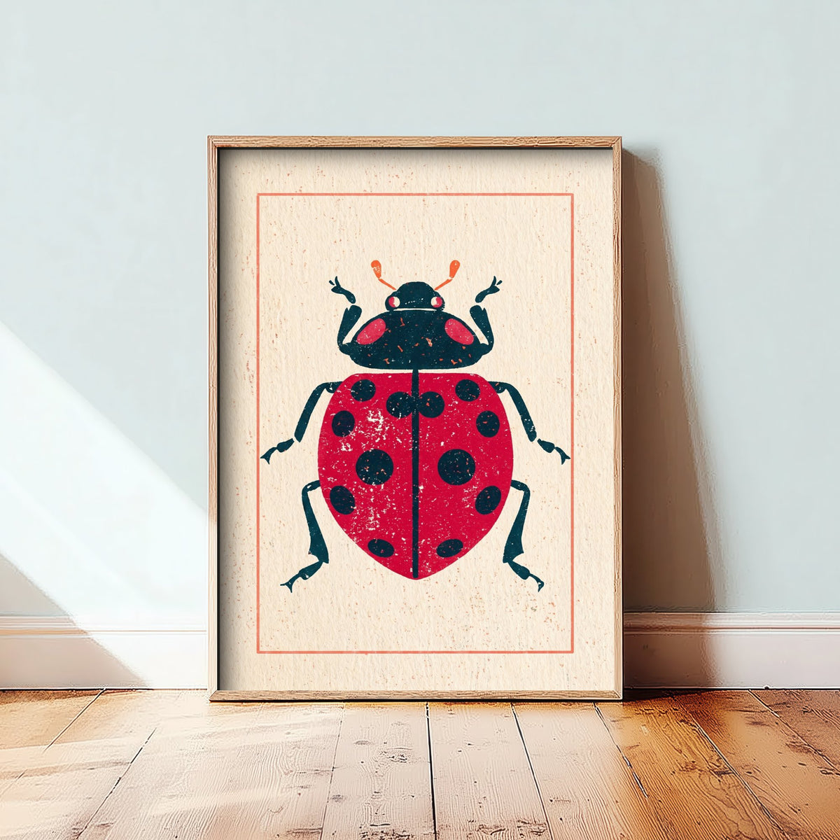 Ladybird Art Print - Vintage Linocut Style Illustration - Red Folk Insect Poster 1/3