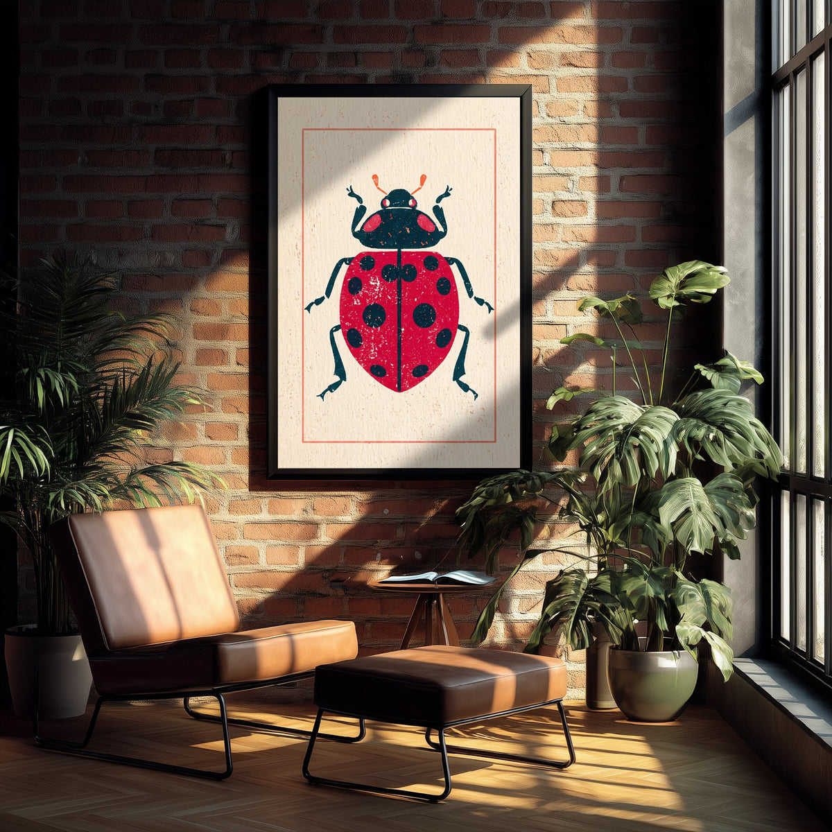 Ladybird Art Print - Vintage Linocut Style Illustration - Red Folk Insect Poster 1/3