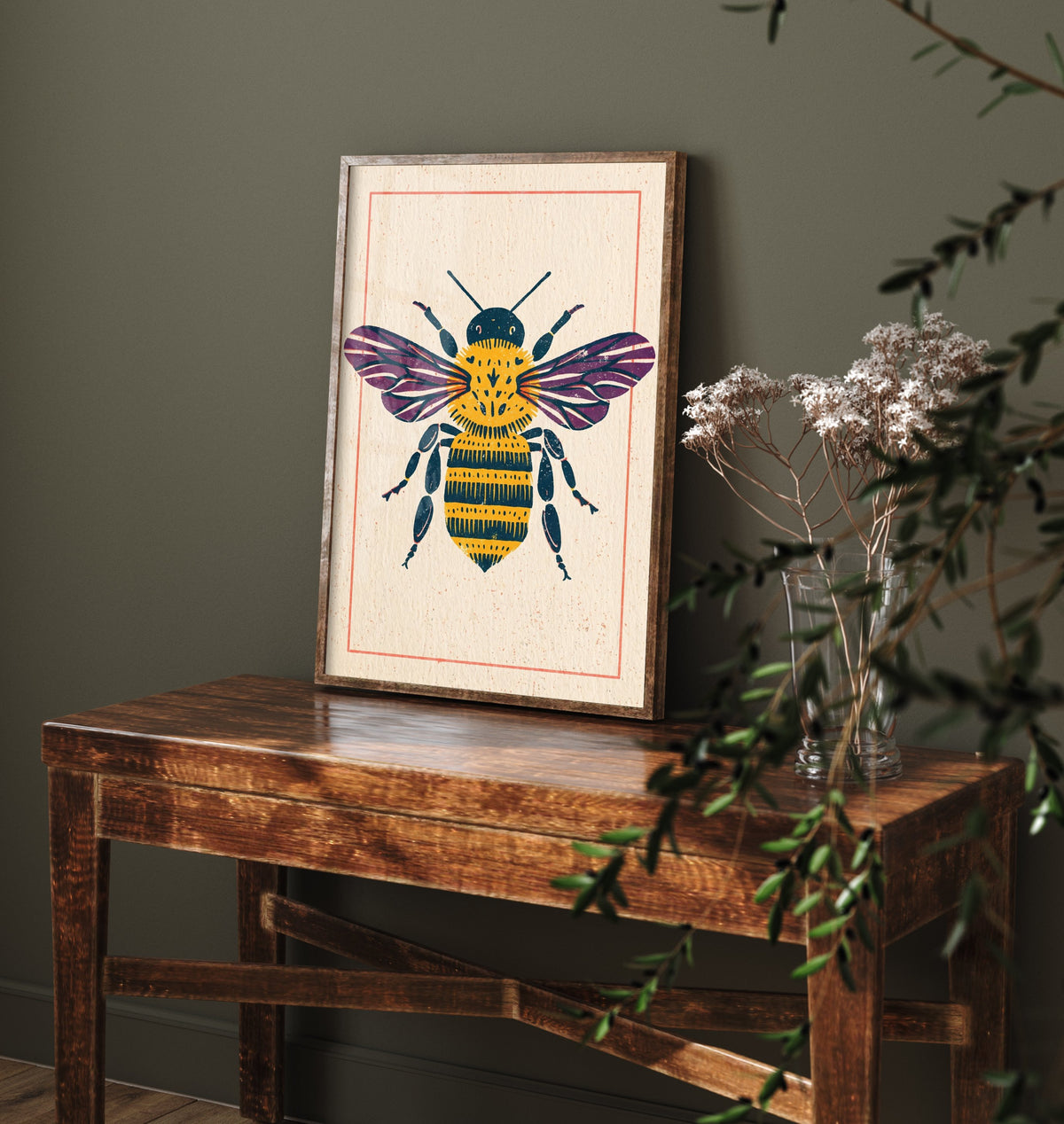 Bumblebee Art Print - Vintage Linocut Style Illustration - Yellow Bee Insect Poster 2/3