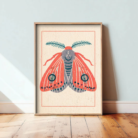 Moth Art Print - Vintage Linocut Style Illustration - Coral Red Folk Entomology Poster 3/3