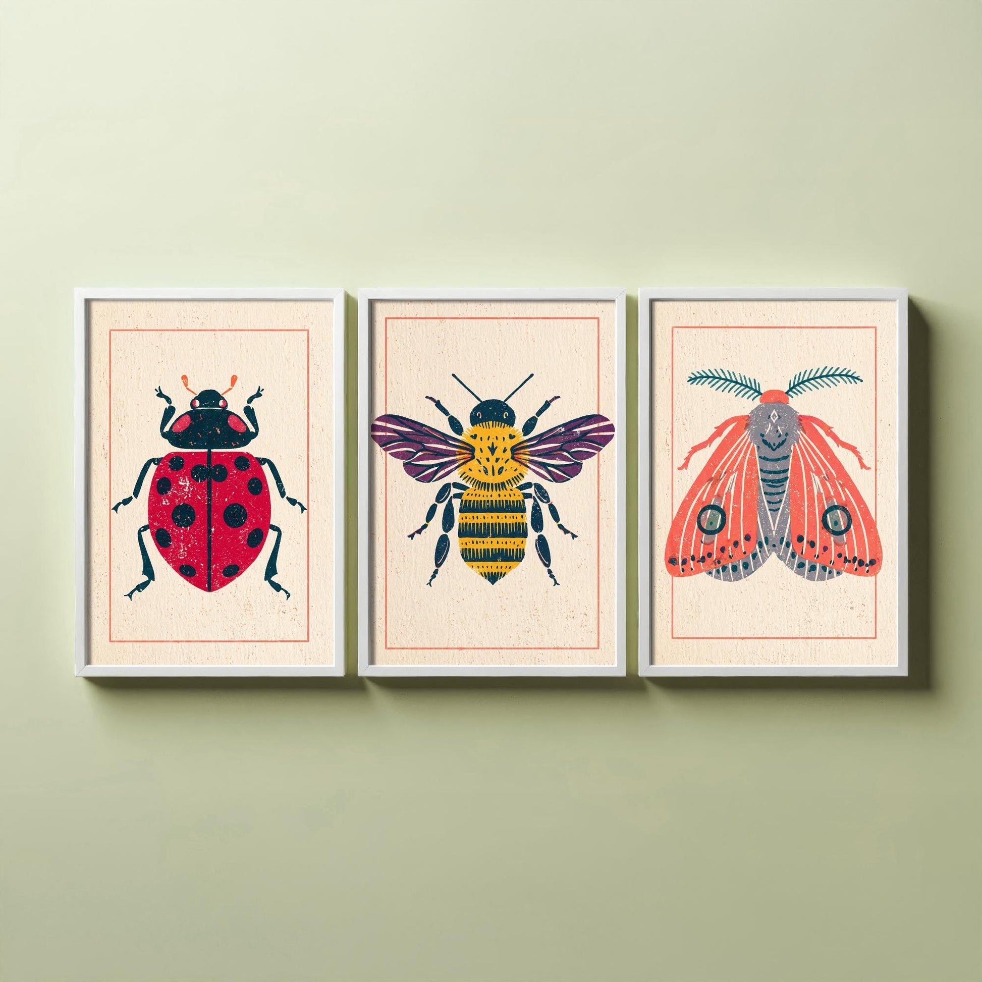 Ladybird Bee and Moth Set of Three Art Prints - 3 Vintage Linocut Style Insect Posters - Folk Bug Illustration