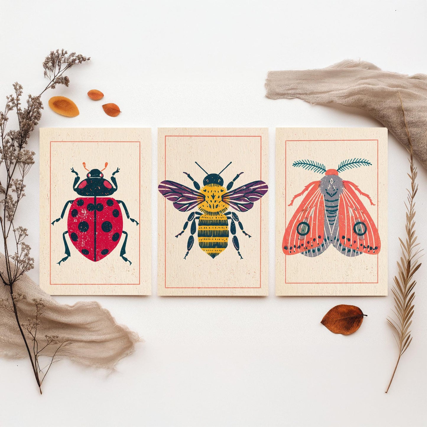 Ladybird Bee and Moth Set of Three Art Prints - 3 Vintage Linocut Style Insect Posters - Folk Bug Illustration