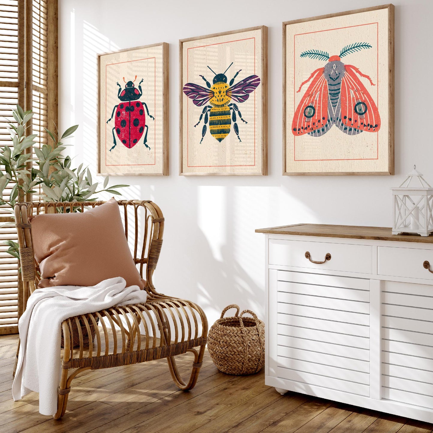 Ladybird Bee and Moth Set of Three Art Prints - 3 Vintage Linocut Style Insect Posters - Folk Bug Illustration
