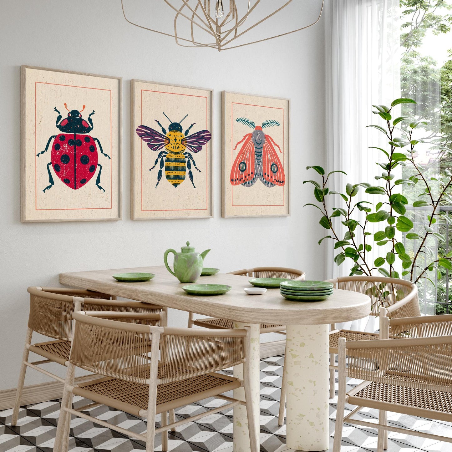 Ladybird Bee and Moth Set of Three Art Prints - 3 Vintage Linocut Style Insect Posters - Folk Bug Illustration
