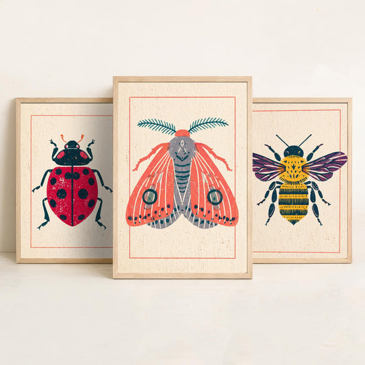 Ladybird Bee and Moth Set of Three Art Prints - 3 Vintage Linocut Style Insect Posters - Folk Bug Illustration