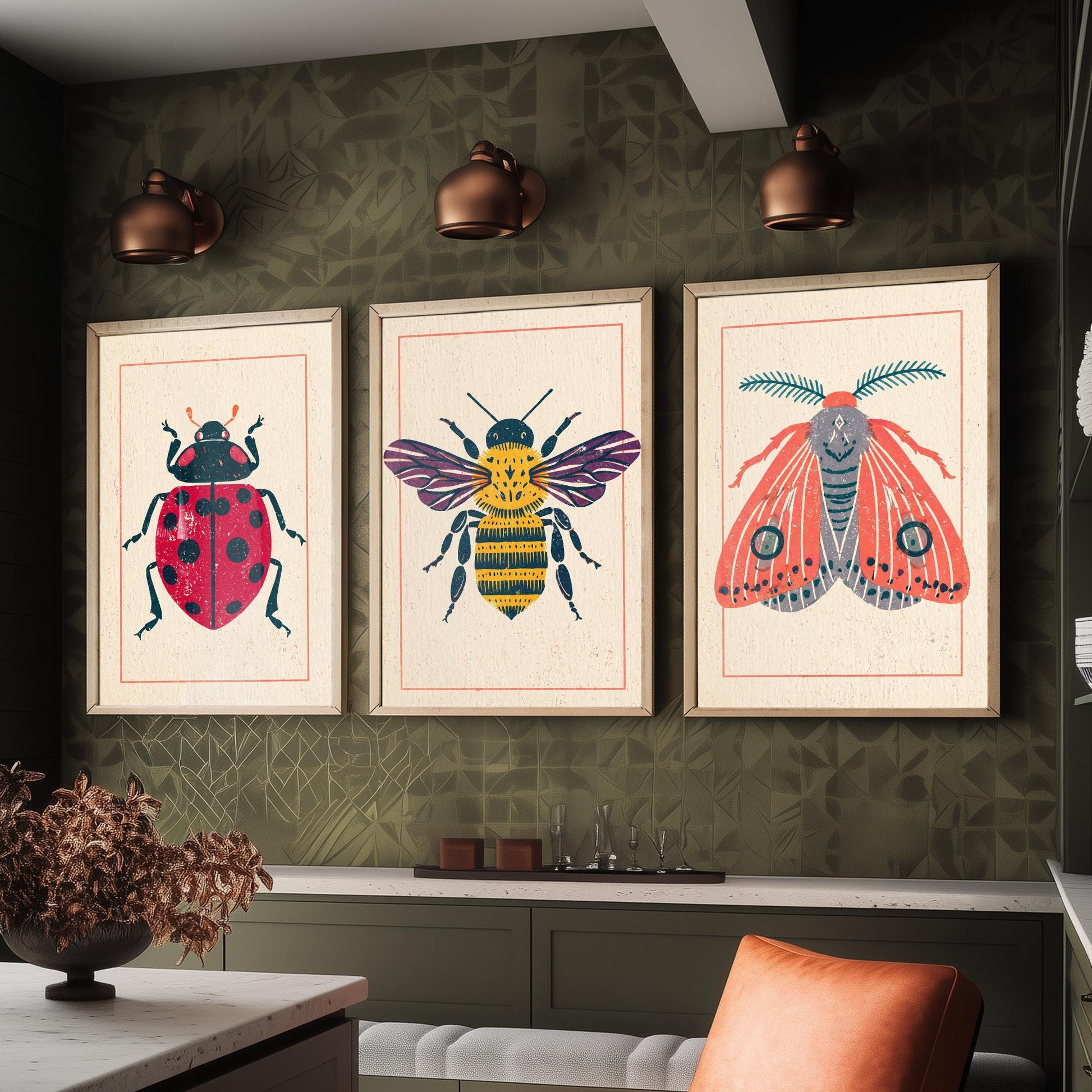 Ladybird Bee and Moth Set of Three Art Prints - 3 Vintage Linocut Style Insect Posters - Folk Bug Illustration