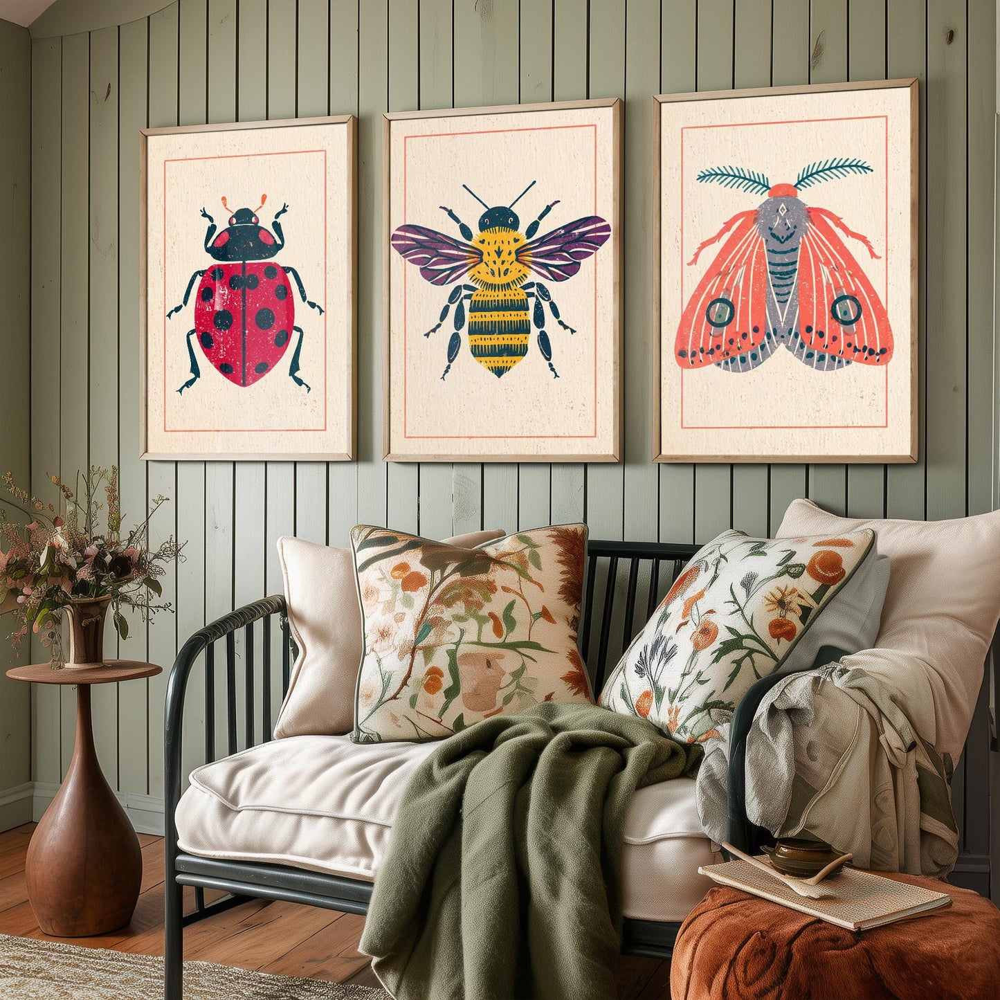 Ladybird Bee and Moth Set of Three Art Prints - 3 Vintage Linocut Style Insect Posters - Folk Bug Illustration