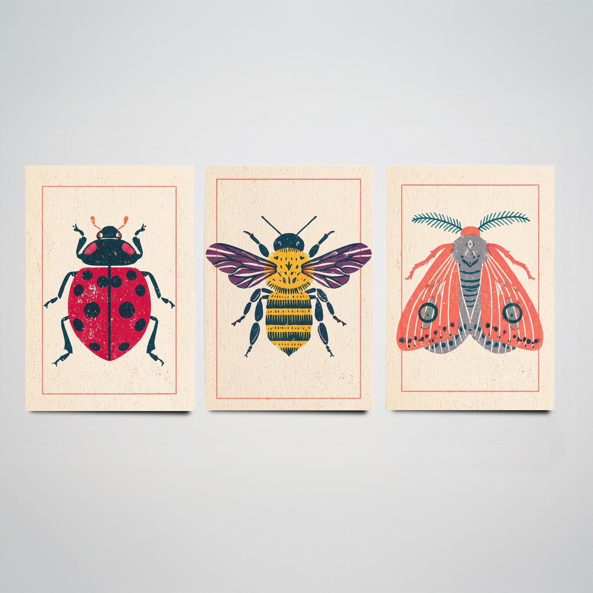 Ladybird Bee and Moth Set of Three Art Prints - 3 Vintage Linocut Style Insect Posters - Folk Bug Illustration