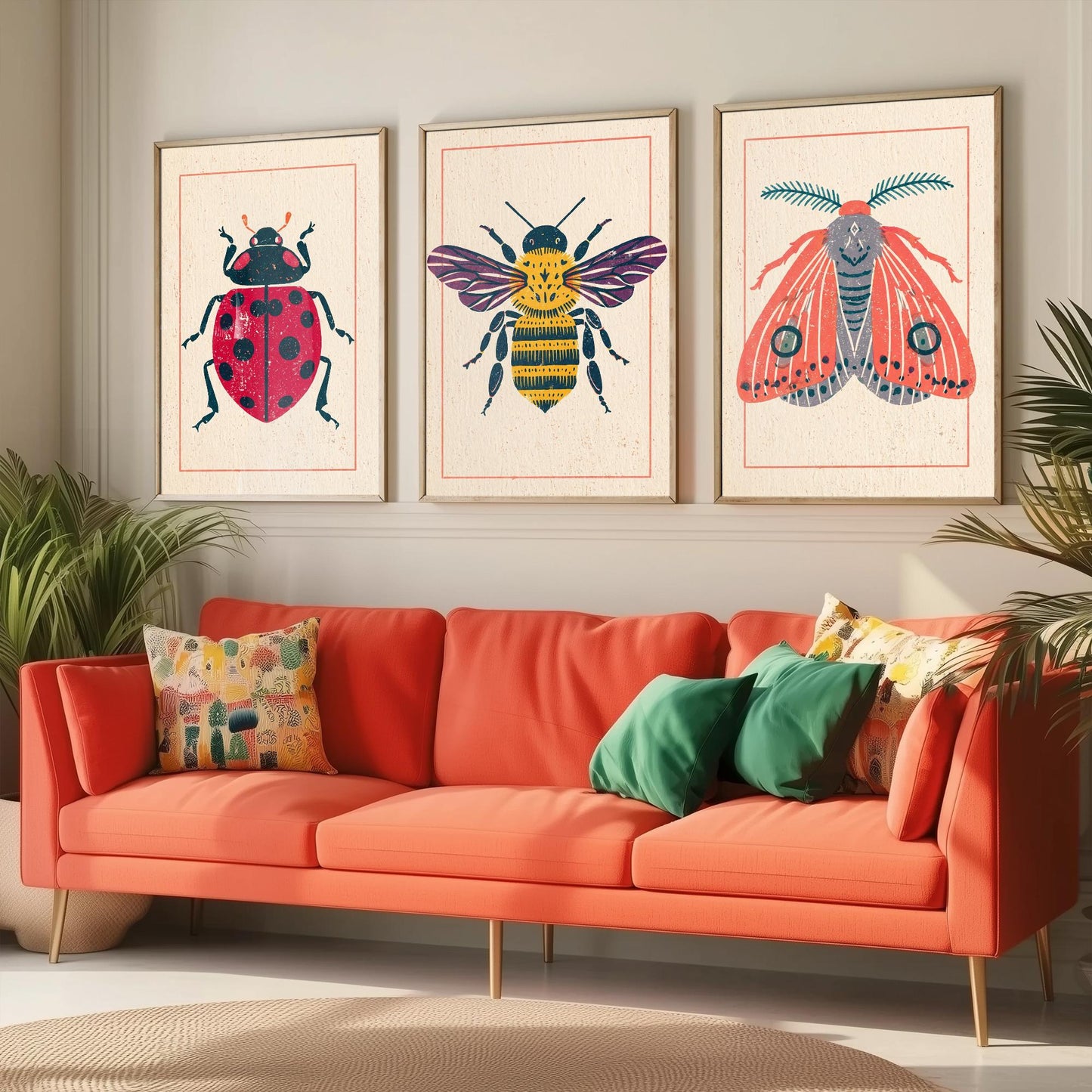 Ladybird Bee and Moth Set of Three Art Prints - 3 Vintage Linocut Style Insect Posters - Folk Bug Illustration