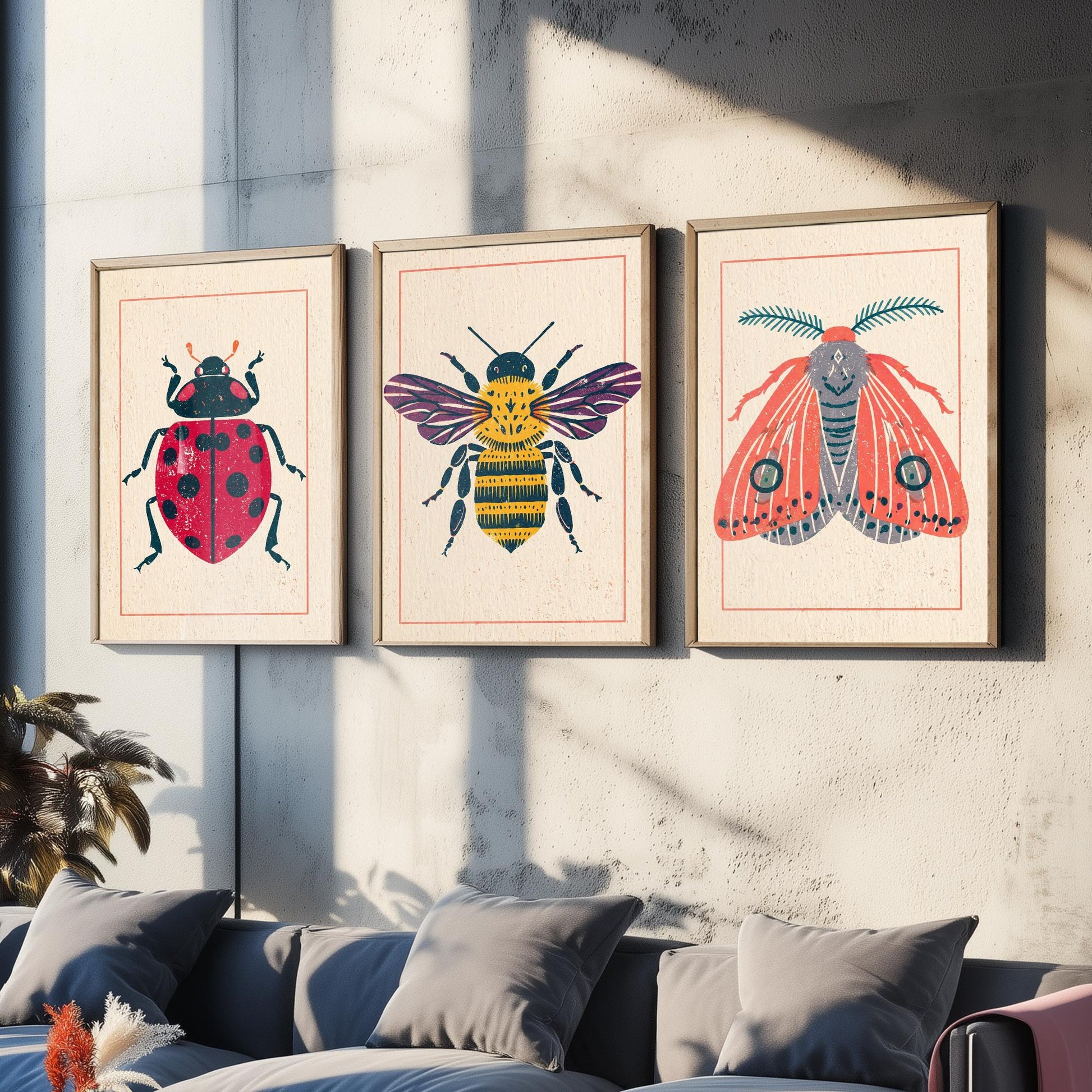 Ladybird Bee and Moth Set of Three Art Prints - 3 Vintage Linocut Style Insect Posters - Folk Bug Illustration