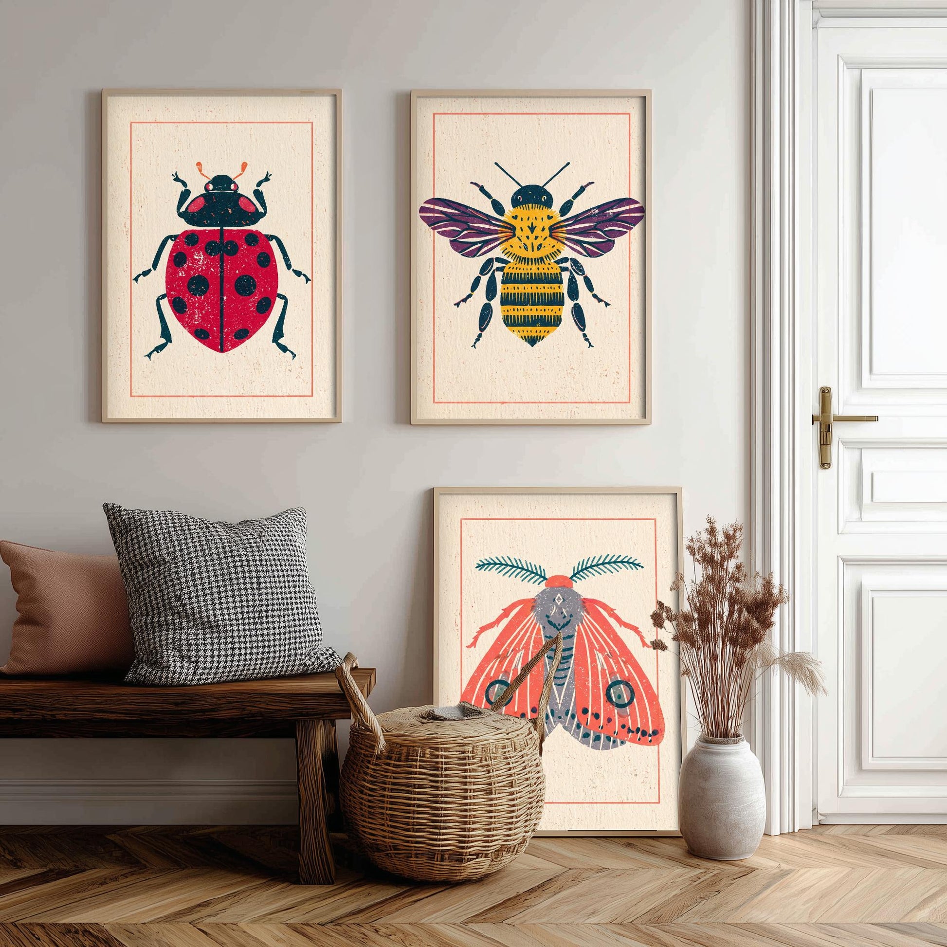 Ladybird Bee and Moth Set of Three Art Prints - 3 Vintage Linocut Style Insect Posters - Folk Bug Illustration