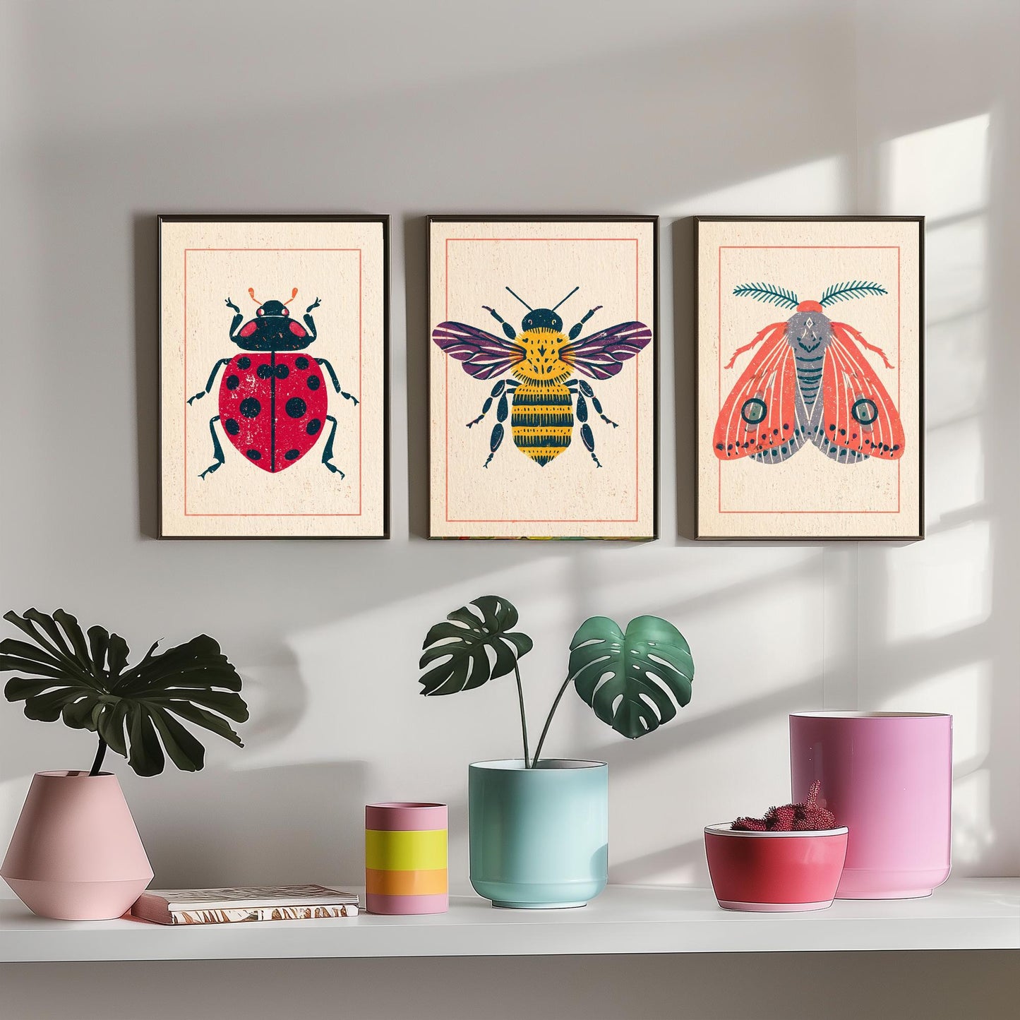 Ladybird Bee and Moth Set of Three Art Prints - 3 Vintage Linocut Style Insect Posters - Folk Bug Illustration