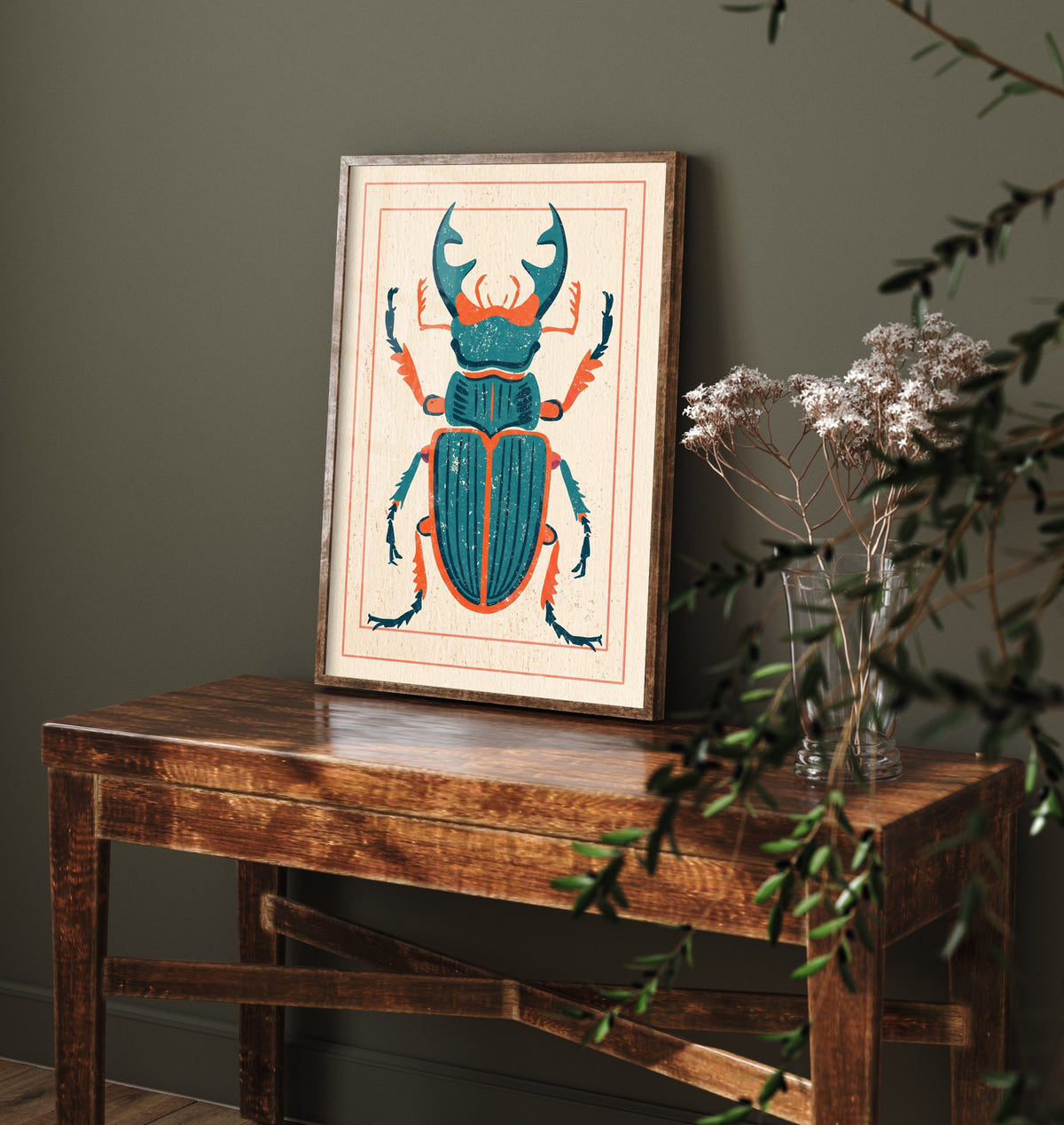 Stag Beetle Art Print - Retro Linocut Style Illustration - Teal and Orange Insect Poster 1/3