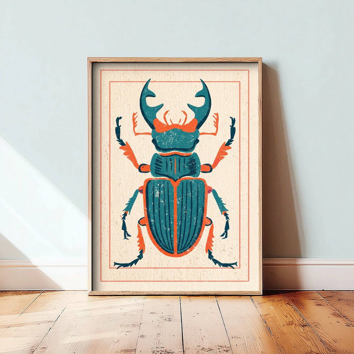 Stag Beetle Art Print - Retro Linocut Style Illustration - Teal and Orange Insect Poster 1/3