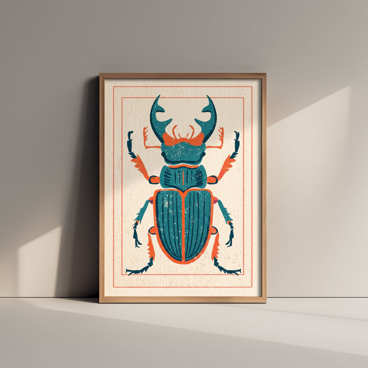 Stag Beetle Art Print - Retro Linocut Style Illustration - Teal and Orange Insect Poster 1/3