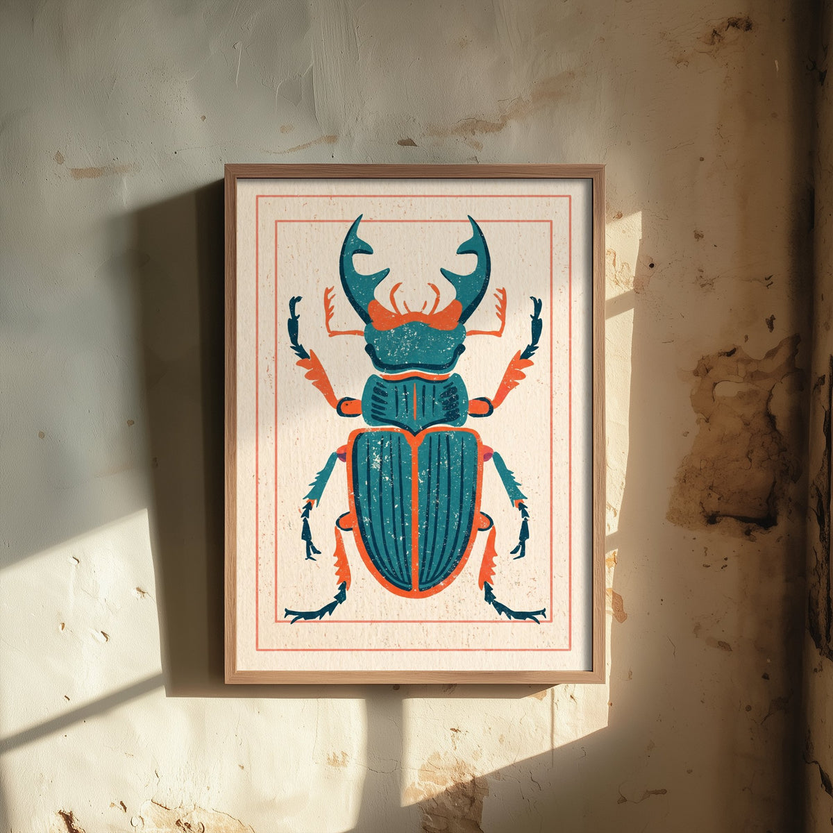 Stag Beetle Art Print - Retro Linocut Style Illustration - Teal and Orange Insect Poster 1/3