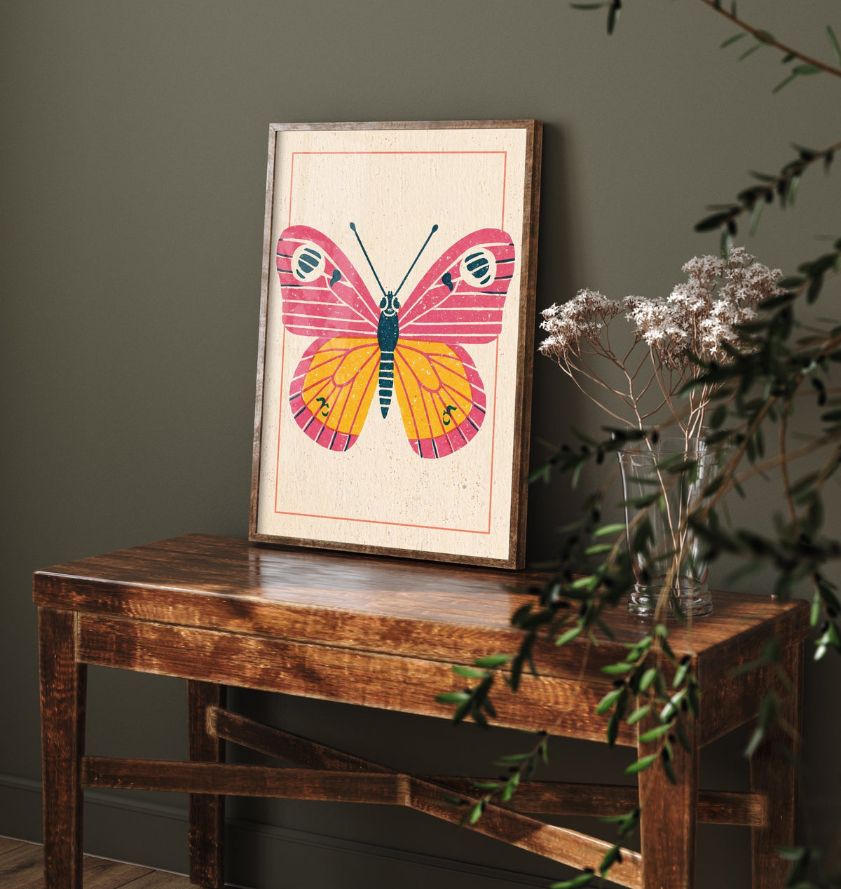Butterfly Art Print - Pink and Yellow Linocut Style Illustration - Retro Insect Poster 2/3