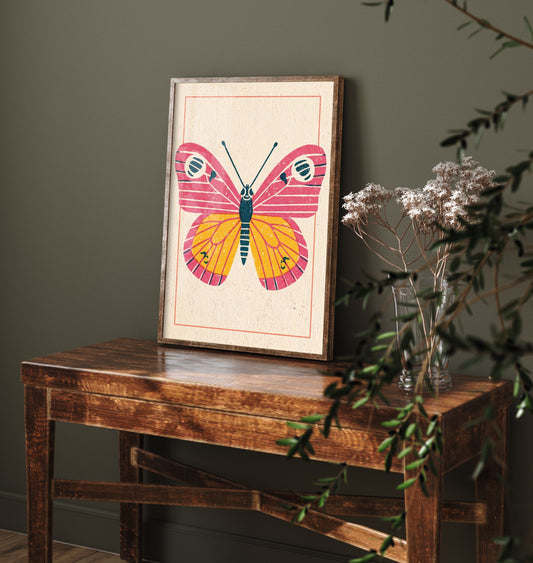 Butterfly Art Print - Pink and Yellow Linocut Style Illustration - Retro Insect Poster 2/3